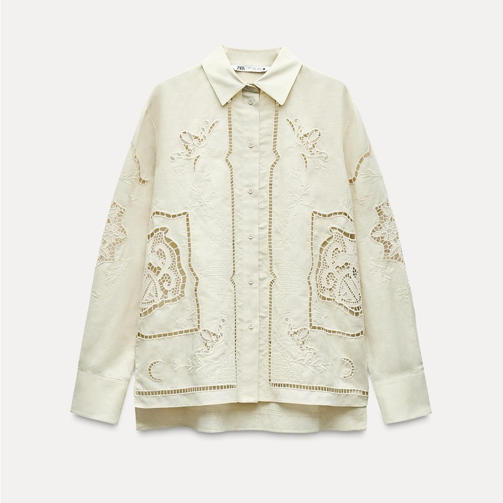 ZARA EMBROIDERED COTTON LINEN EYELET BOHEMIAN SHIRT ZW COLLECTION M